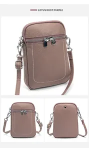 Macro detail of lotus root purple crossbody phone bag with premium lychee grain texture