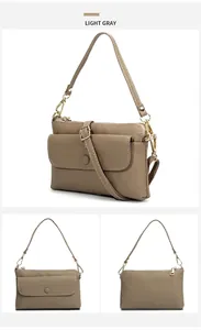 Détails en trois vues d'un sac bandoulière en cuir gris clair à ferrures dorées