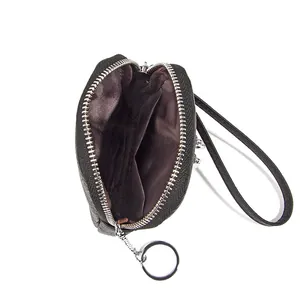 Mini portamonete in pelle nera con doppia cerniera argento e scomparto interno per donne