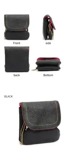 Detailed four-way views of a small black pebble leather coin purse with colored stitching