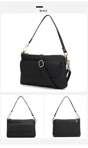 Vues détaillées du sac à main en cuir noir avec boucles métalliques dorées chic