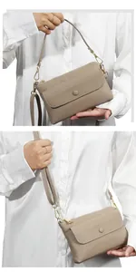 Close-up of beige pebble grain leather crossbody bag showing magnetic flap and gold hardware
