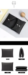 Detailed views of a black pebbled leather mini wallet with secure metal snap closure