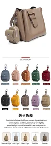 Vista dettagliata della borsa a secchiello in pelle con mini portamonete in vari colori