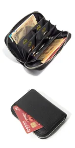 Detalle de billetera de cuero RFID con ranuras para monedas y espacio para tarjetas