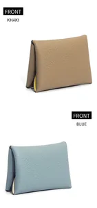 Front view of khaki and blue lychee texture cowhide coin purses with snap buttons