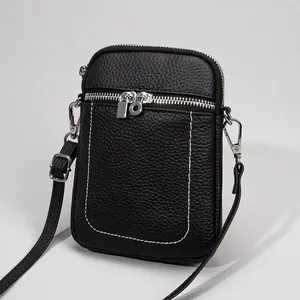 Women Top Layer Cowhide Cell Phone Crossbody Bag Genuine Leather Litchi Pattern Double Zipper Small Shoulder Bag Daily Purse