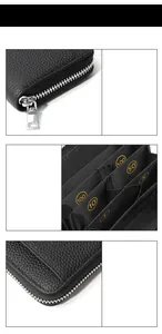 Detalle de cartera de cuero con protección RFID y compartimentos numerados para monedas