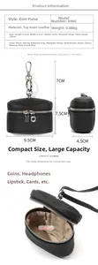 Detailed size chart and internal capacity view of the mini black leather coin purse