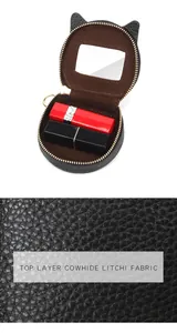 Lippenstiftetui aus echtem Leder mit Litschi-Muster, integriertem Spiegel und Katzenohren