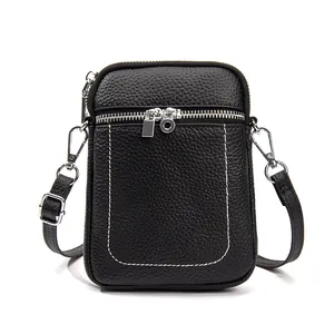 Black leather crossbody phone bag with litchi texture and white stitching details