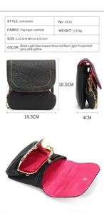 Size chart showing top layer cowhide coin purse dimensions and multi-angle views