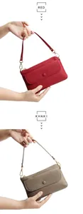 Detail showing red and khaki pebbled leather mini crossbody phone bags with gold hardware
