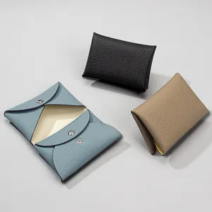 First Layer Cowhide Mini Coin Purse Card Holder Genuine Leather Envelope Contrast Color Wallet With Snap Button