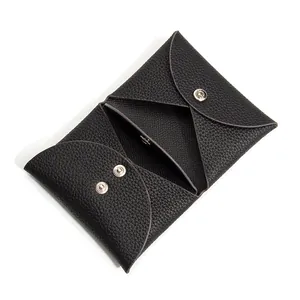 Mini genuine leather coin purse and card holder with secure silver snap buttons in black