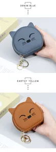 Detailansicht der katzenförmigen Lederbörsen in Denimblau und Erdbraun mit goldenem Zipper