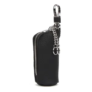 Genuine First Layer Cowhide Leather Car Key Bag Universal Zipper Key Case Holder With Hook For Men Women Daily Use