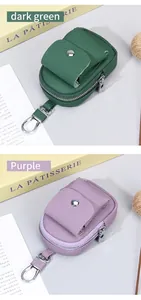 Dettaglio di mini portamonete in pelle verde scuro e viola con bottone a pressione e moschettone