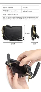 Detailed view of top layer cowhide coin purse with dimensions and leather texture