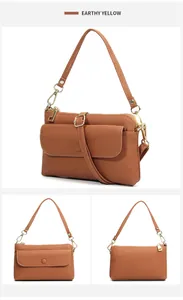 Earthy yellow litchi grain leather crossbody bag with flap pocket and metal zipper