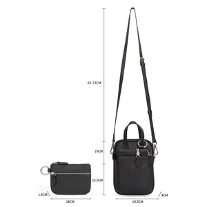 Black leather crossbody phone bag set with dimensions and adjustable strap detail