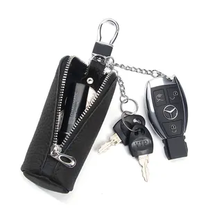 Genuine leather car key case with lychee texture and silver metal zipper for storage