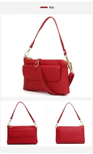Three views of a red genuine leather crossbody phone bag with litchi texture and gold zippers