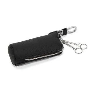 Genuine cowhide leather car key case with silver zipper and carabiner clip in black