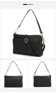 Detailed views of a black pebbled leather crossbody bag with golden hardware accents
