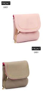 Front view of pink and grey litchi grain leather coin purses with golden chain detail