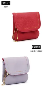 Front view of genuine leather coin purses in red and light purple with chain detail