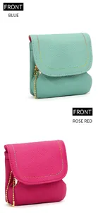 Front view of mini leather purses in mint blue and rose red with colorful stitching detail