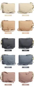 Litchi pattern cowhide coin purses with wrist straps shown in five colors front and back