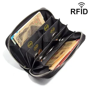 Cartera de cuero RFID negra con organizadores internos y ranuras numeradas para monedas