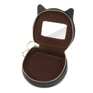 Schwarze Mini-Geldbörse aus Leder in Katzenform mit Spiegel und goldenem Schlüsselring