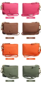 Detailed front and back views of pebble grain leather mini wallets in various colors