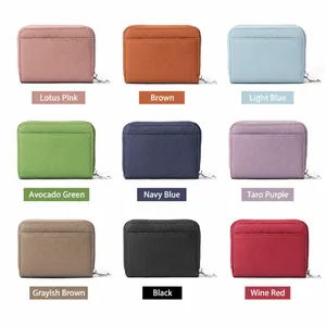 Mini carteras RFID de cuero auténtico en nueve colores con diseño de lichi y cremallera