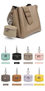 Litchi texture leather coin purse detail with 8 color options and shoulder strap