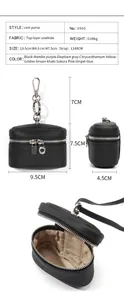 Detailed views of leather coin purse with dimensions, litchi texture and inner lining