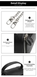 Détail d'un sac en cuir véritable montrant la chaîne argentée et les fermetures éclair