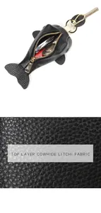 Macro view of fish-shaped leather coin purse with litchi texture and metal zipper