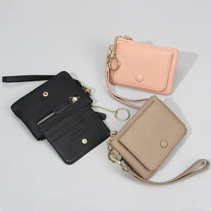 Women's Top Layer Cowhide Genuine Leather Coin Purse Litchi Pattern Mini Wallet With Wrist Strap Key Ring Card Holder Pouch