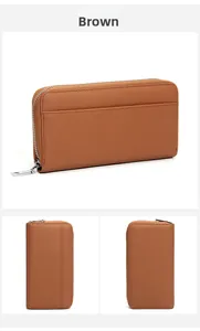 Dettagli di un portafoglio lungo in pelle martellata marrone con protezione RFID e zip