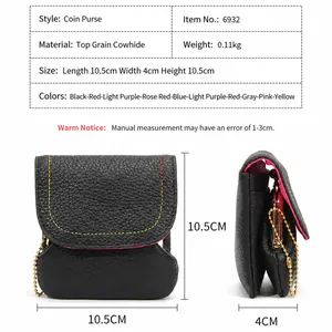 Porte-monnaie en cuir véritable avec coutures colorées et chaîne en texture litchi noir