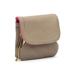 Genuine leather chain coin purse in khaki grey with pink lining and rainbow stitching