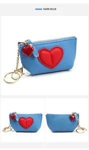 Detail of blue leather coin purse with red heart patch and gold key ring holder