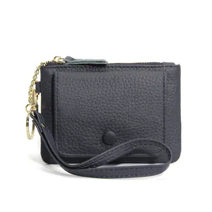 Genuine navy blue leather coin purse with litchi texture and gold metal keychain