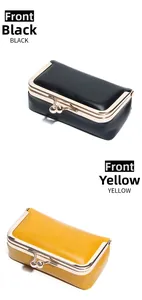 Detailed view of leather mini pouch wallets in black and yellow with gold metal frames
