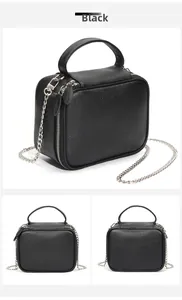 Détail du sac bandoulière en cuir noir avec chaîne argentée et double fermeture éclair