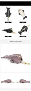 Detailed views of leather whale key pouch in lotus root purple and black finishes
